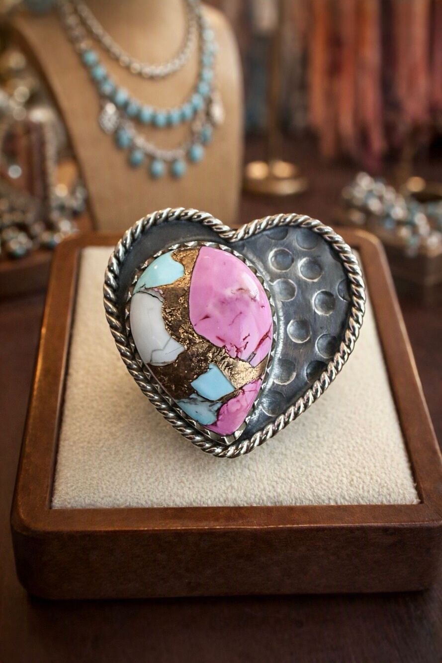 Southwestern Cotton Candy Turquoise Adjustable Sterling Silver Ring Heart New